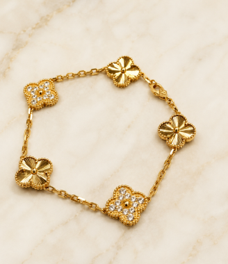 Yellow Gold Five Clover Bracelet with Gem-Stone