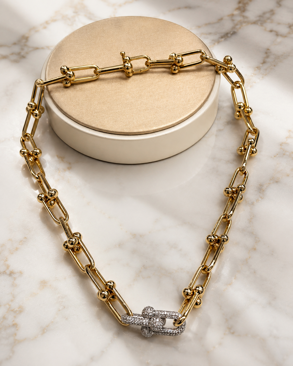 Yellow Gold Paperclip Large Link Necklace with Gemstone