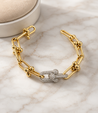 Yellow Gold Paperclip Large Link Bracelet with GemStone